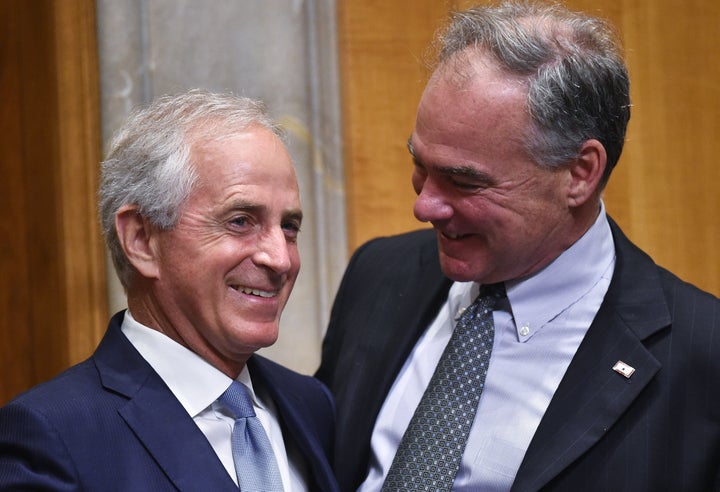 Senate Foreign Relations Committee Chairman Bob Corker (R-Tenn.), left, and Sen. Tim Kaine (D-Va.) on Capitol Hill in June 2016. The senators unveiled a new authorization for use of military force on Monday.