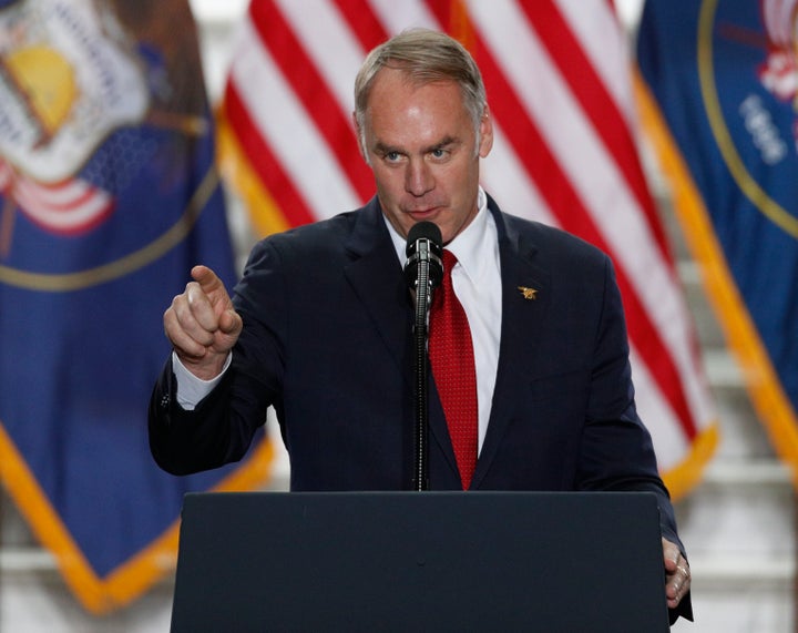 Interior Secretary Ryan Zinke gives a speech on Dec. 4, 2017, in Salt Lake City, Utah, about acreage reductions in national monuments.