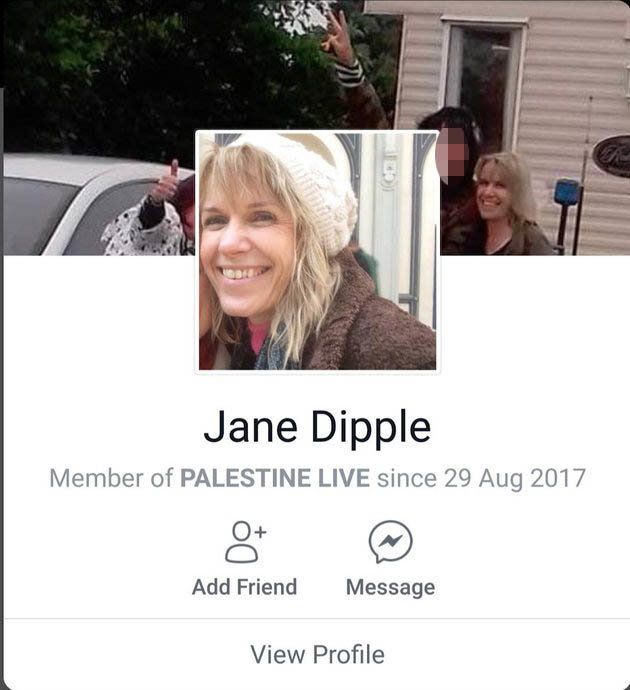 Jane Dipple's Facebook profile showing she was a member of Palestine Live