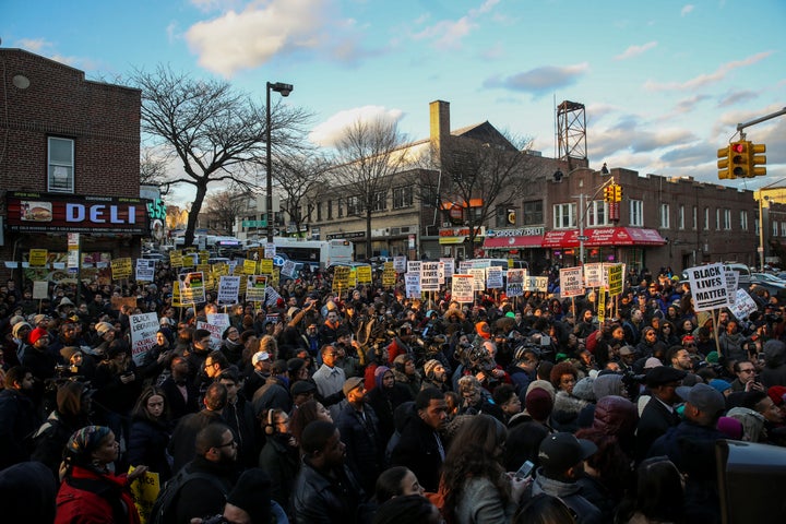 In this April 5 photo, demonstrators flood the intersection in Crown Heights, Brooklyn, where police fatally shot Saheed Vassell a day earlier.