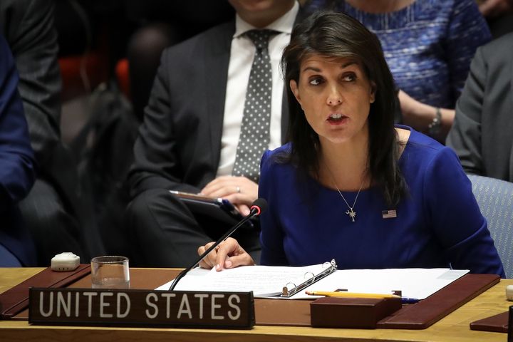 United States Ambassador to the United Nations Nikki Haley discusses the situation in Syria on April 14, 2018 at UN headquarters.