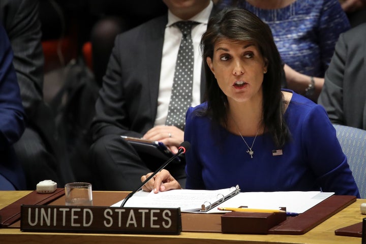 United States Ambassador to the United Nations Nikki Haley discusses the situation in Syria on April 14, 2018 at UN headquart