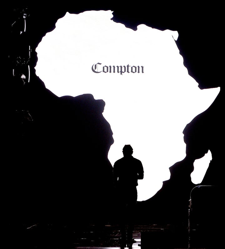 A silhouette of Africa with "Compton" written on it was projected on a video screen as Lamar performed during the 2016 Grammy Awards ceremony.