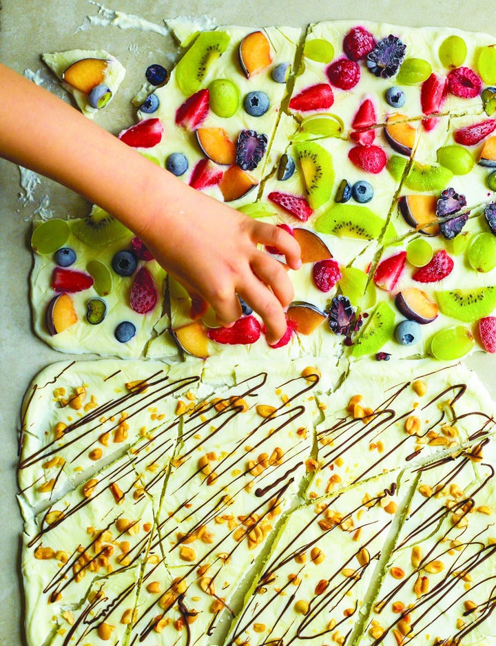 Top: Tutti Frutti Frozen Yoghurt Bark. Bottom: Chocolate Nut Frozen Yoghurt Bark.