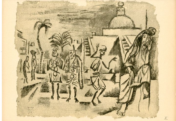 Νίκος Χατζηκυριάκος-Γκίκας Όργανα και χορός στο Κατμαντού, σχέδιο για το λεύκωμα Ινδία, 1958 Σινική μελάνη σε χαρτί, 38 x 46 εκ. Μουσείο Μπενάκη / Πινακοθήκη Γκίκα. 