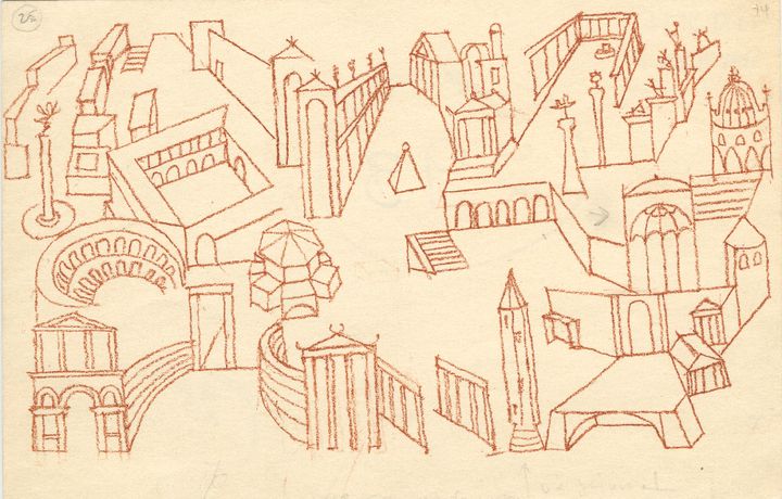 Νίκος Χατζηκυριάκος-Γκίκας Εικονογράφηση για το ποίημα του Κ. Π. Καβάφη, «Περιμένοντας τους βαρβάρους», 1963. Αιματίτης σε χαρτί, 11,5 x 17,5 εκ. Μουσείο Μπενάκη / Πινακοθήκη Γκίκα