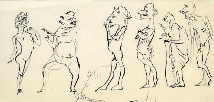 Νίκος Χατζηκυριάκος-Γκίκας. Προσχέδιο για τη Λυσιστράτη του Αριστοφάνη, 1977. Σινική μελάνη σε χαρτί, 10,5 x 21,8 εκ. Μουσείο Μπενάκη / Πινακοθήκη Γκίκα