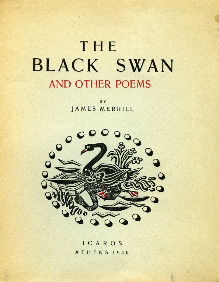 James Merrill, The Black Swan and other Poems, εκδ. Ίκαρος, Αθήνα 1946. Εξώφυλλο του Ν. Χ. Γκίκα. Μουσείο Μπενάκη / Πινακοθήκη Γκίκα, Βιβλιοθήκη.