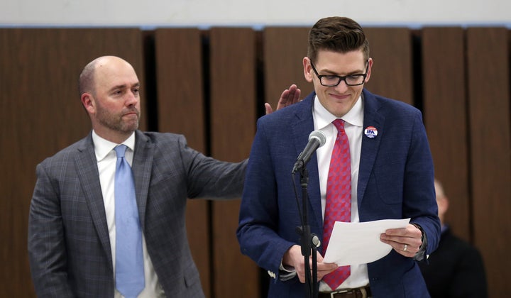 Prairie View Elementary School music teacher Nathan Etter, right, addressed members of the school board on Monday, April 16.