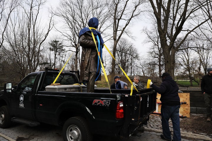 The statute of 19th century surgeon J. Marion Sims is carted away from New York's Central Park after decades of criticism over his use of enslaved women for medical experiments.