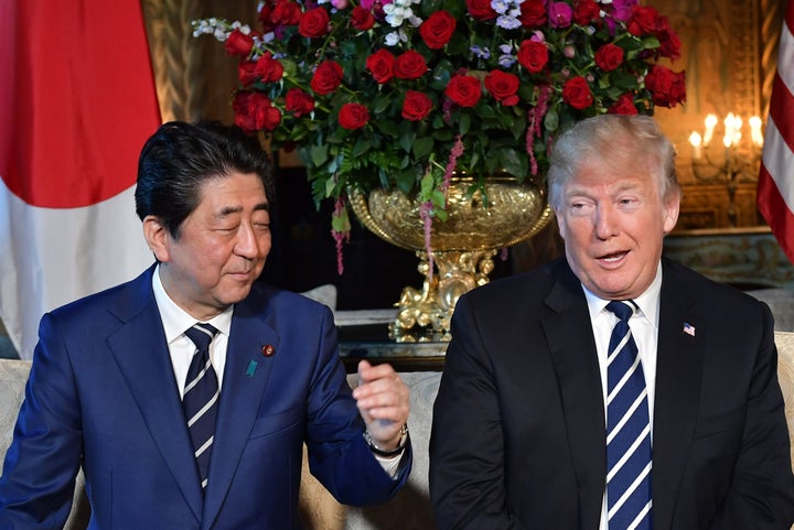 President Donald Trump and Japanese Prime Minister Shinzo Abe speak to media during a bilateral meeting at Trump's Mar-a-Lago