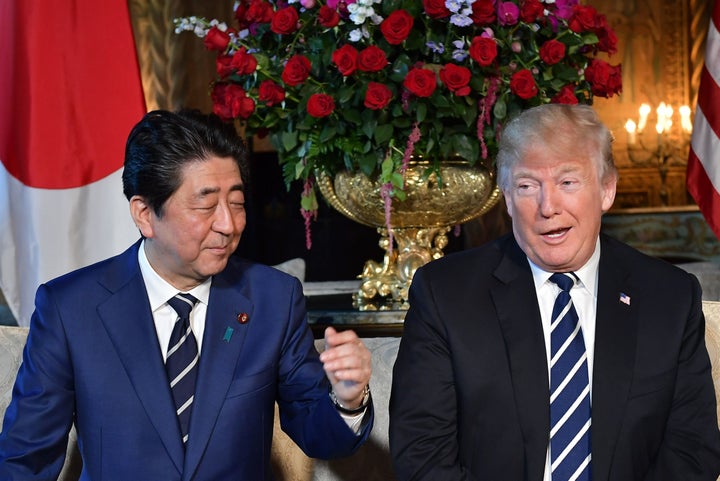 President Donald Trump and Japanese Prime Minister Shinzo Abe speak to media during a bilateral meeting at Trump's Mar-a-Lago resort in Palm Beach, Florida, on April 17, 2018.