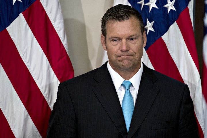 Kris Kobach arrives at the initial meeting of the Presidential Advisory Commission on Election Integrity on July 19, 201