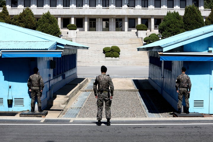 South Korean soldiers stand guard at the Demilitarized Zone on April 11. The Korean War has never been formally ended, although an armistice agreement has existed since 1953. Officials have discussed an official peace treaty to change that.