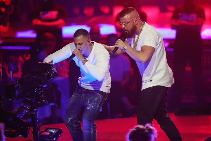 Hip-hop artists Farid Bang and Kollegah perform during the Echo Awards on April 12, 2018. Some of the lyrics on their latest album appear to denigrate Holocaust victims, which sparked an uproar in Germany. 