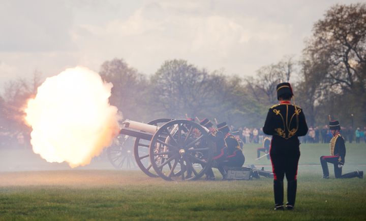 Gun teams from the Kings Troop of the Royal Artillery fire a gun salute in London's Hyde Park in 2012 