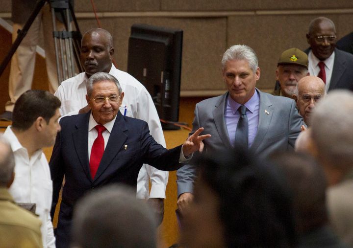 Raul Castro (center-left) and Miguel Diaz-Canel (center-right) arrive for a session of the National Assembly in Havana, Cuba, April 18, 2018.