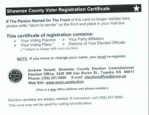Kansas Secretary of State Kris Kobach (R) failed to ensure that voters affected by a 2016 court ruling received postcards like this one confirming their eligibility to vote. The former head of the Kansas League of Women Voters testified that the postcard "is the way we think about being fully registered in Kansas."