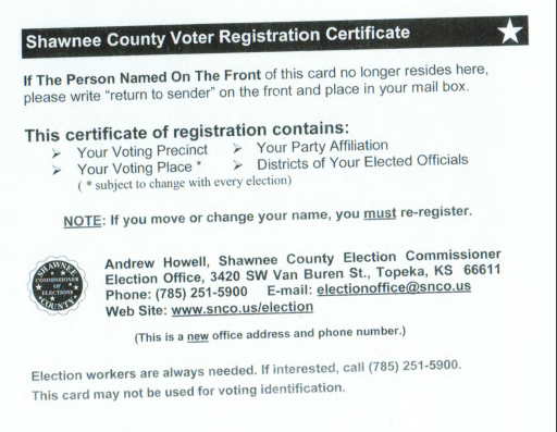 Kansas Secretary of State Kris Kobach (R) failed to ensure that voters affected by a 2016 court ruling received postcards like this one confirming their eligibility to vote. The former head of the Kansas League of Women Voters testified that the postcard "is the way we think about being fully registered in Kansas."