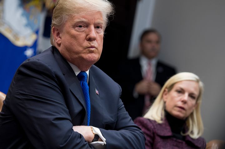 President Donald Trump derided California Gov. Jerry Brown (D) on Thursday after Department of Homeland Security Secretary Kirstjen Nielsen (right) had thanked Brown for agreeing to deploy National Guard troops to the state's border with Mexico.