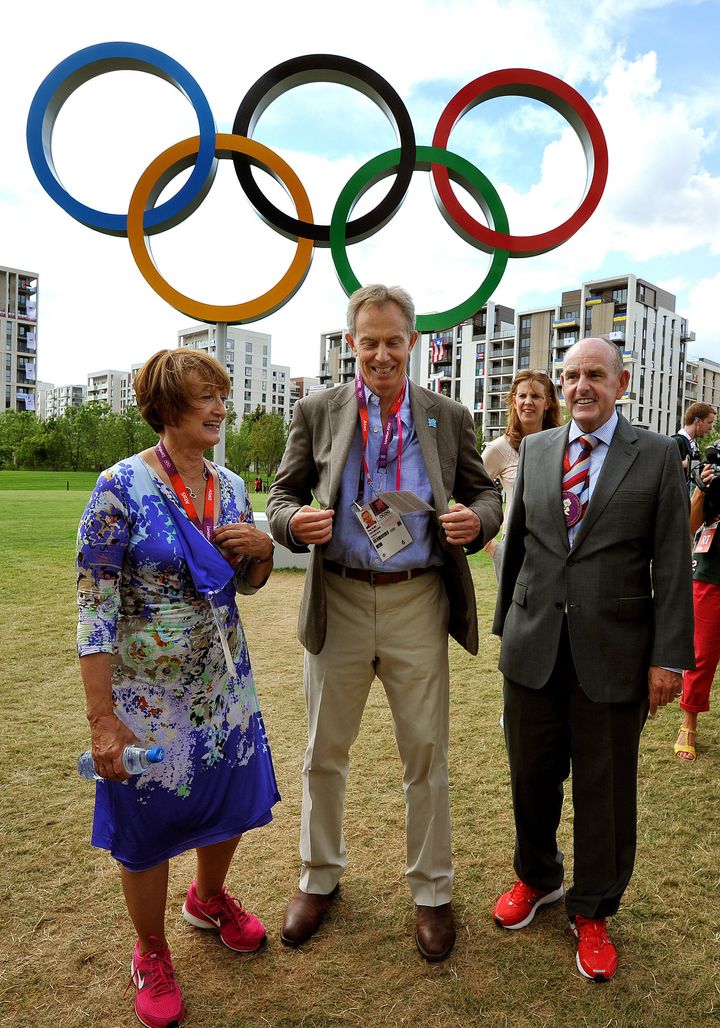 Former Prime Minister Tony Blair, shadow Olympics minister Tessa Jowell and Sir Charles Allen, the Mayor of the Olympic Athletes village, tour the facilities for the London 2012 Olympic games
