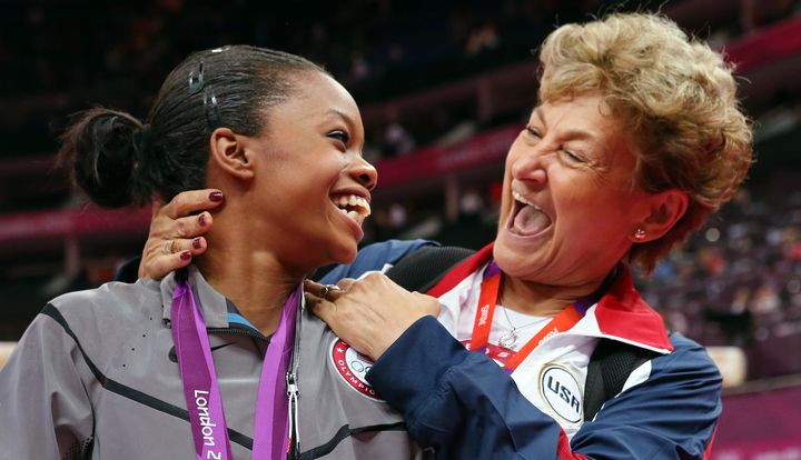 Martha Karolyi, right, with gymnast Gabby Douglas on Day 6 of the 2012 Olympics in London.