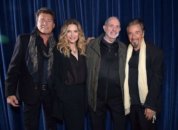 Michelle Pfeiffer, with Steven Bauer, director Brian De Palma and Al Pacino, received an uncomfortable question at a 35th ann