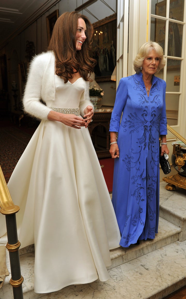 Later in the evening, the new Duchess of Cambridge changed into a less-formal Sarah Burton for Alexander McQueen gown, which she topped with a bolero sweater.