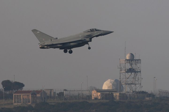 A fighter jet prepares to land at RAF Akrotiri, from which British jets struck Syria