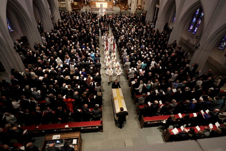 The casket of former first lady Barbara Bush is moved after funeral services at St. Martin's Episcopal Church in Houston, Texas. David J. Phillip/Pool via Reuters