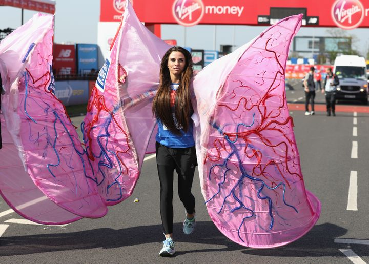 Katie Price had dressed as a giant pair of lungs to run the marathon