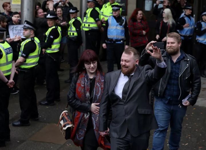 Mark Meechan leaves Airdrie Sheriff Court where he appeared for sentencing for posting a YouTube video of a dog giving Nazi salutes