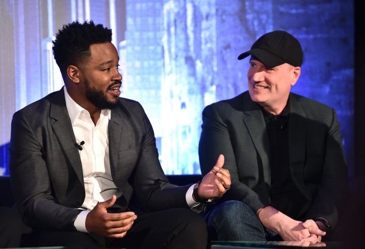 "Black Panther" director Ryan Coogler (left) sits with Marvel Studio president Kevin Feige to discuss the blockbuster film in January in Beverly Hills, California.