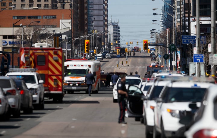 Law enforcement and first responders on scene at Yonge St. at Finch Ave. after a van plows into pedestrians.