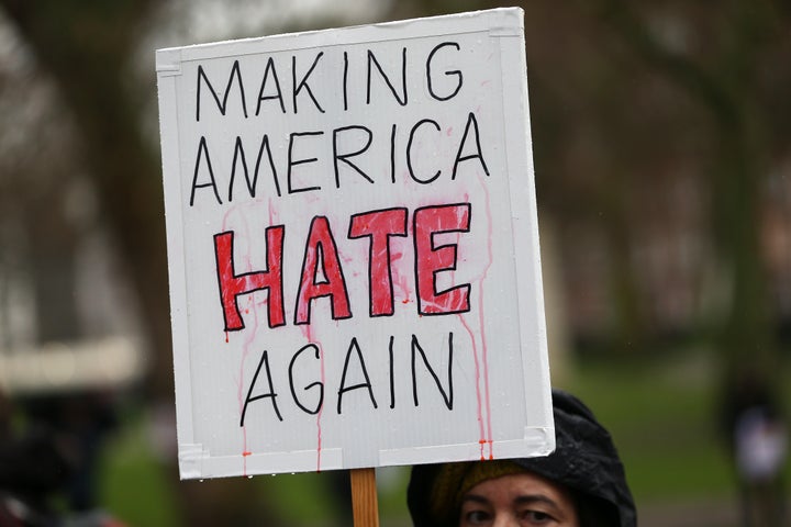 A demonstrator in London protests President Donald Trump's ban on refugees and nationals from seven Muslim-majority nations on Feb. 4, 2017.