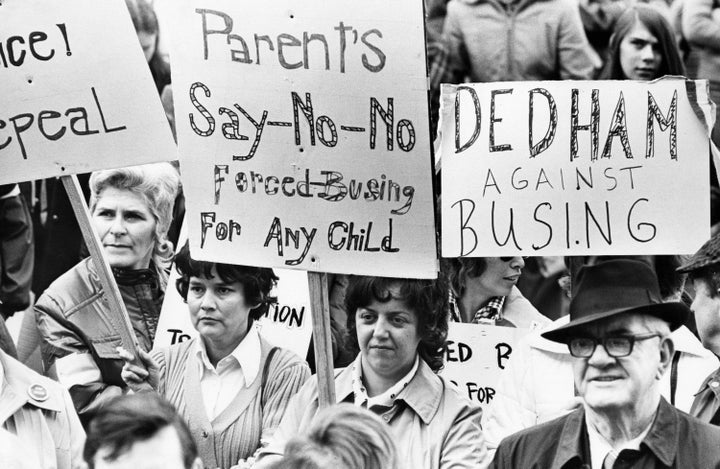 White demonstrators in Boston oppose school busing on April 2, 1974.