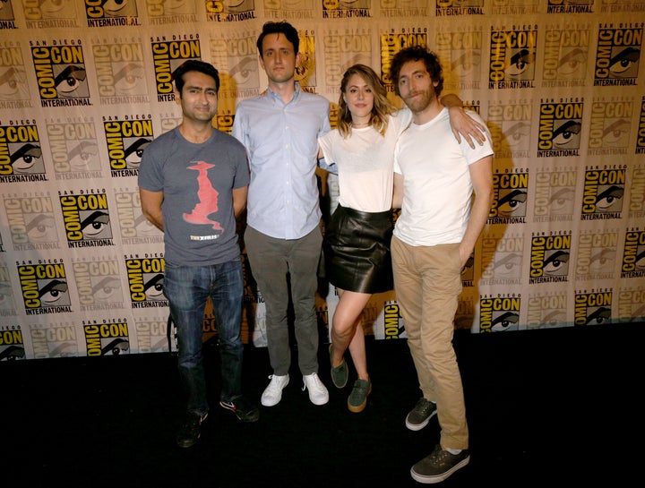 Actors Kumail Nanjiani, Zach Woods, Amanda Crew and Thomas Middleditch attend HBO's "Silicon Valley" Panel during Comic-Con I