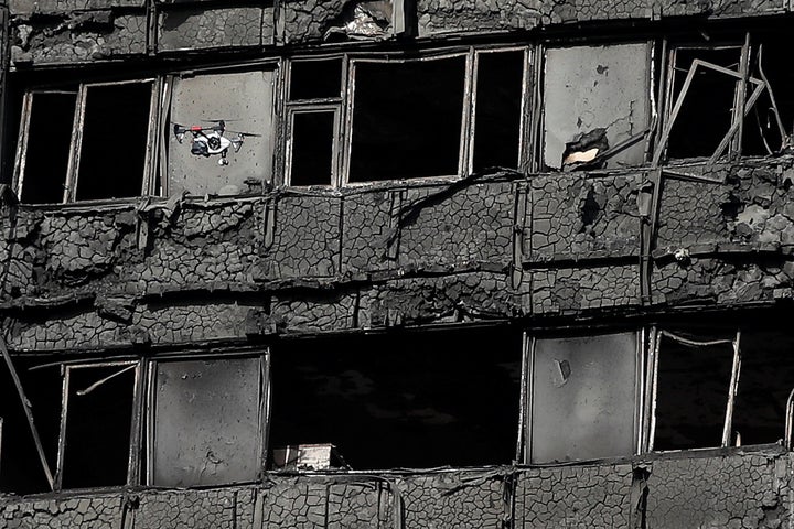 The burnt remains of cladding on the Grenfell Tower.