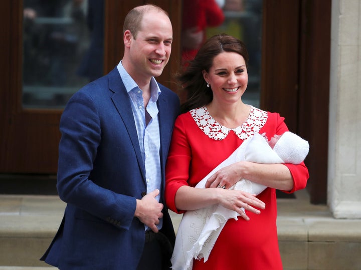 The Duke and Duchess of Cambridge leaving the Lindo Wing of St. Mary's Hospital with their new son on April 23. 