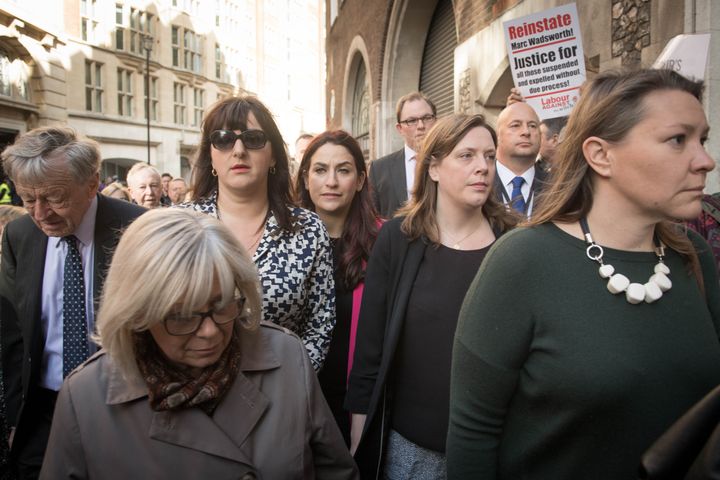 Ruth Smeeth (wearing sunglasses) was flanked by MPs and peers as she went to Labour HQ to give evidence of anti-Semitic abuse.