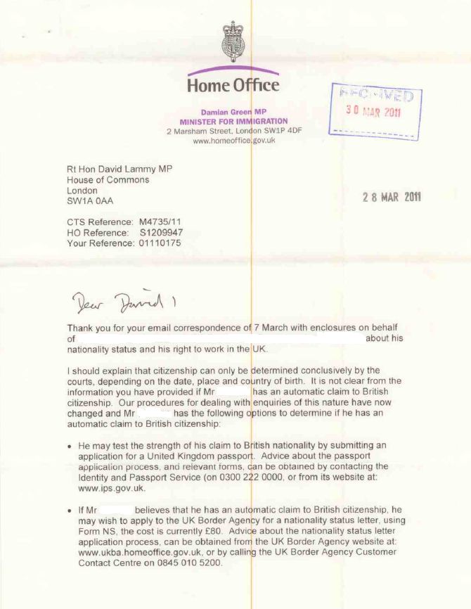 'It is not clear… if Mr O’Grady has an automatic claim to British citizenship'. Damian Green writes to David Lammy about his constituent in March 2011