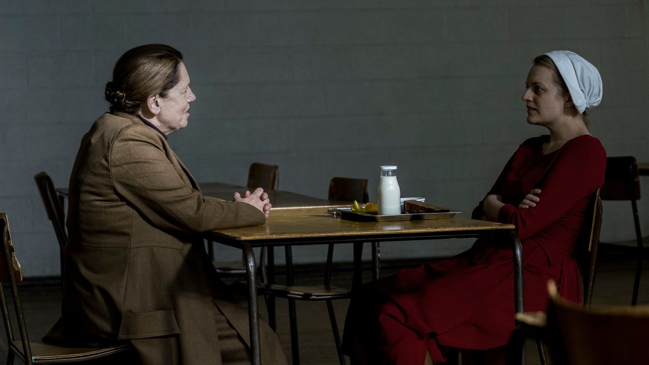 Offred (Elisabeth Moss) speaks with Aunt Lydia (Ann Dowd) in the Season 2 premiere of "The Handmaid's Tale."