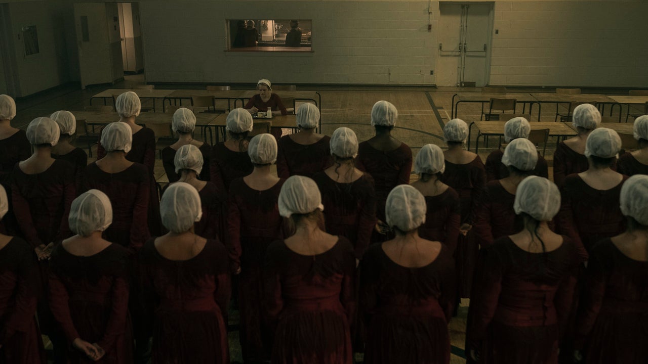 A gathering of handmaids in the Season 2 premiere.