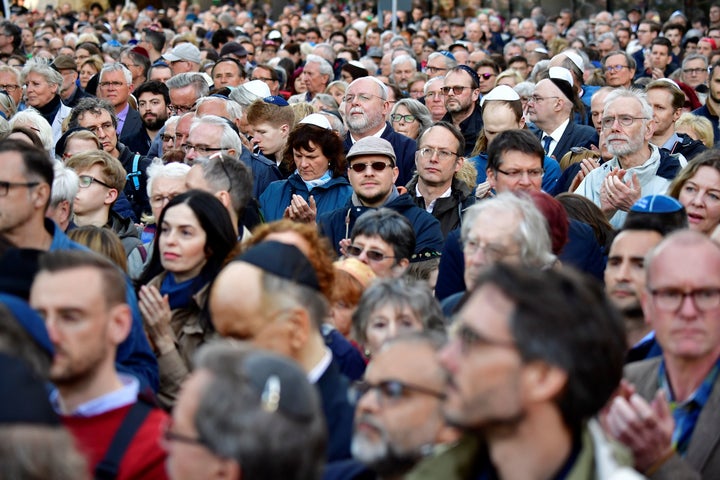 More than 2,000 Jews and non-Jews in Berlin wore the traditional skullcap to show solidarity with Jews.