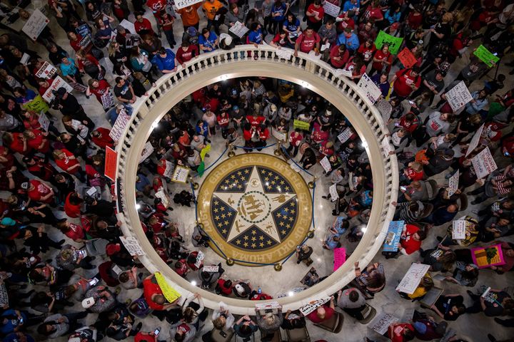 Teachers demand increased public school funding in the state Capitol in Oklahoma City on April 3.