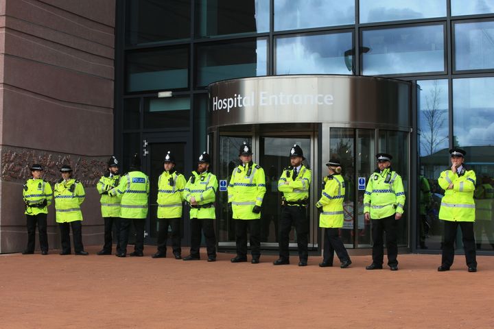 Police block the entrance to Alder Hey Children's Hospital as protesters gathered after the European Court of Human Rights rejected an appeal against the decision to end life-support for Alfie Evans