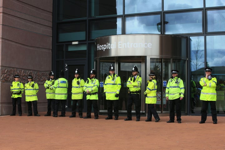 Police block the entrance to Alder Hey Children's Hospital as protesters gathered after the European Court of Human Rights rejected an appeal against the decision to end life-support for Alfie Evans