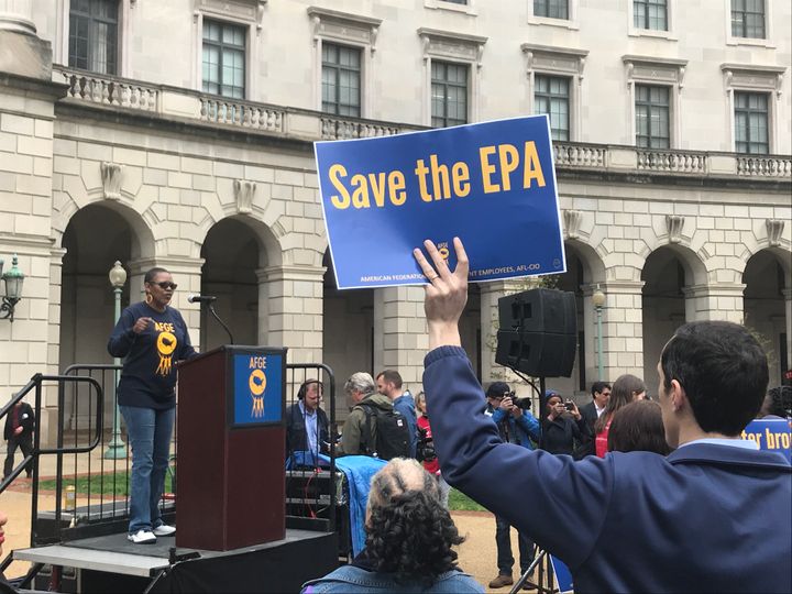 Sharon Boyde, a longtime employee of the Environmental Protection Agency and vice president for civil rights at AFGE Local 3331, a union representing workers at EPA's headquarters in Washington, speaks at Wednesday's rally against agency administrator Scott Pruitt.