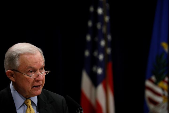 U.S. Attorney General Jeff Sessions speaks at a summit about combating human trafficking at the Justice Department in Washington on Feb. 2, 2018. 