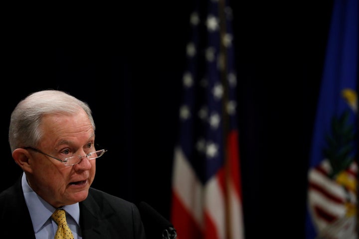 U.S. Attorney General Jeff Sessions speaks at a summit about combating human trafficking at the Justice Department in Washington on Feb. 2, 2018.